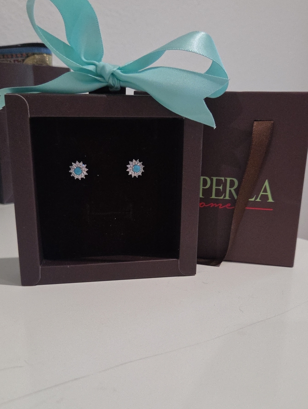 Dainty 925 Sterling Silver Mini Turquoise & CZ Cluster Stud Earrings (With Box)
